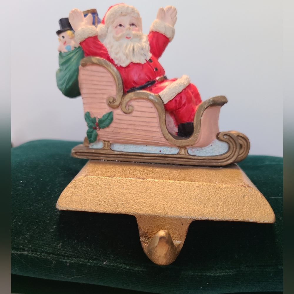 Santa Sleigh Stocking Holder - Red and Gold Cast Iron